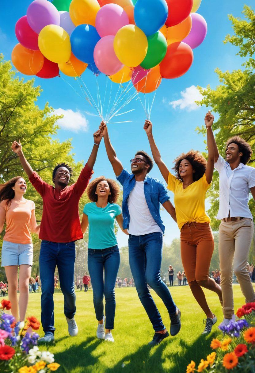 A vibrant scene depicting a diverse group of people joyfully celebrating under a bright blue sky, surrounded by colorful balloons and flowers. Each person embodies positivity and happiness, sharing laughter and smiles, while sunlight shines radiantly upon them. Incorporate elements of nature, like a serene park or garden, to symbolize growth and renewal. Illustrate a warm, inviting atmosphere that invites viewers to embrace joy and positivity. vibrant colors. super-realistic.