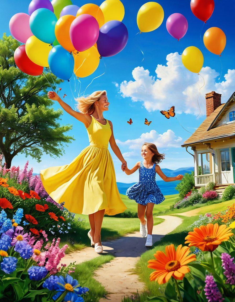 A vibrant collage of joyful moments featuring June Wilkinson surrounded by blooming flowers, sunlit landscapes, and playful children. Illustrate her engaging in cheerful activities like dancing, laughing, and enjoying nature, all infused with bright colors and a warm glow of sunlight. Include elements that represent happiness, such as balloons, butterflies, and smiling faces in the background. This scene should evoke a sense of joy and positivity. super-realistic. vibrant colors. sunny atmosphere.